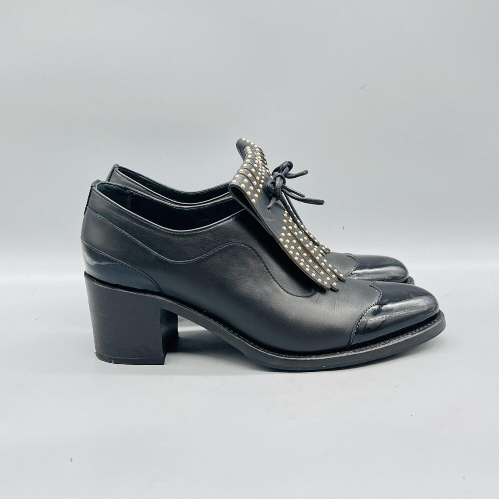 The Office Of Angela Scott Shoes Women 8.5 Black Leather Studded Block Heel Pump
